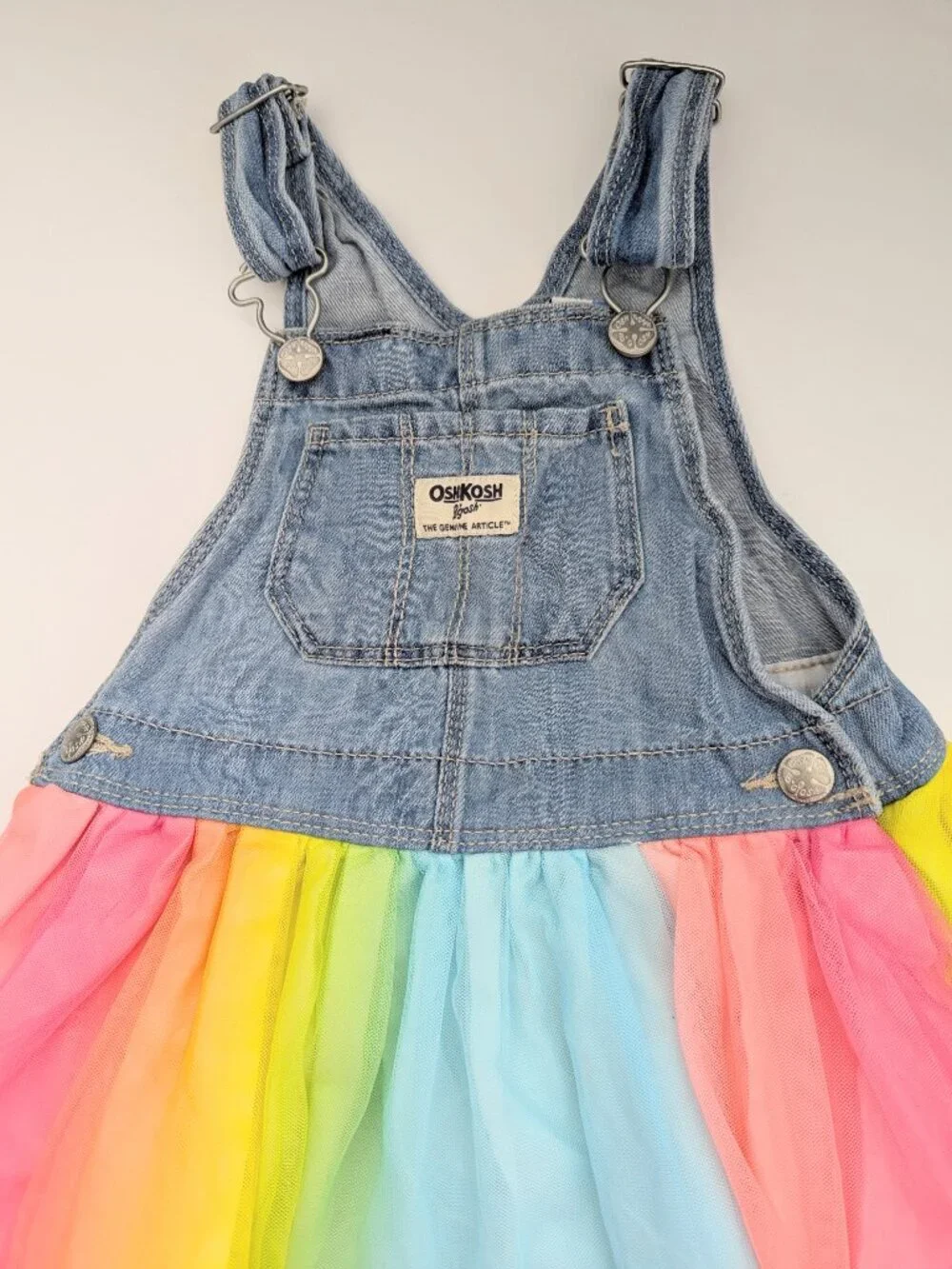 OshKosh Girls' (4T) Denim Overall Dress/Jumper with Rainbow Colored Tulle Skirt